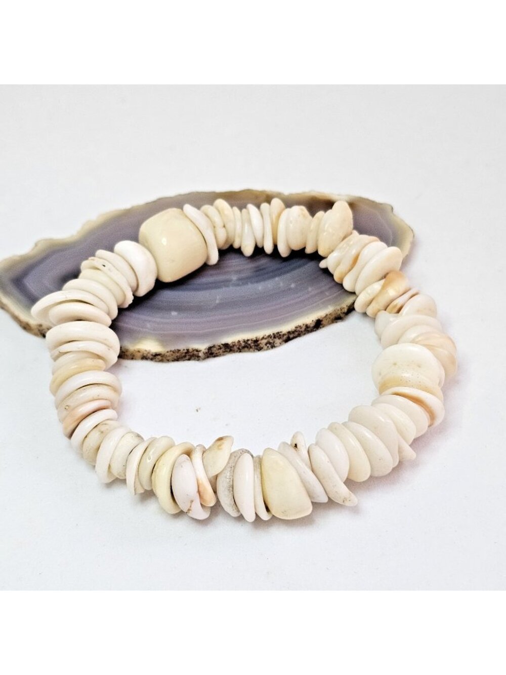 White Cream Natural Puka Shell Bracelet Coastal Stretch Stackable Bracelet B